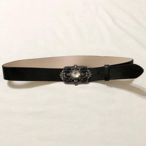 Express Women’s Black Faux Leather Belt, Fancy Rectangle Buckle with Crystals- M - Picture 11 of 17